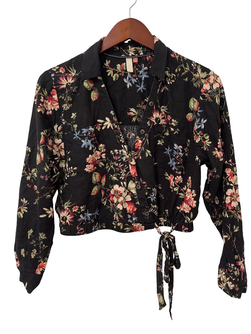 Pilcro Anthropologie Women’s Small Black Floral Cropped Tie Waist Blouse